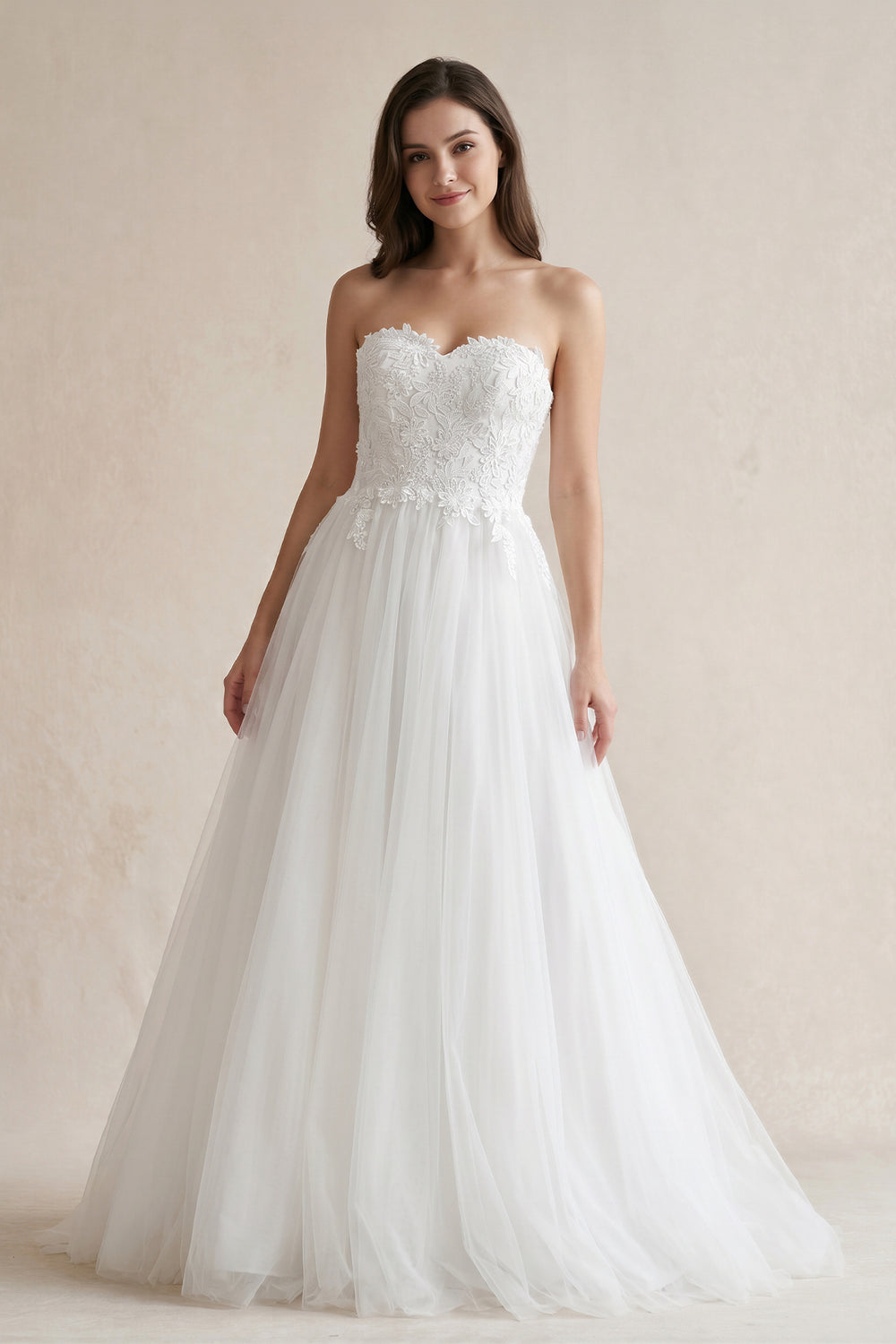 White Sweetheart Tulle Lace Satin Wedding Dress With Beading | KISSPROM