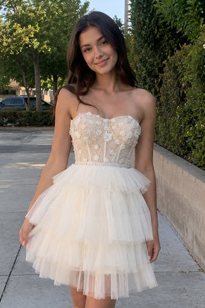White Tulle 3D Floral Lace A-Line Tiered Homecoming Dress - KissProm