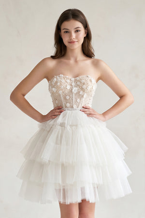 White Tulle 3D Floral Lace A-Line Tiered Homecoming Dress - KissProm