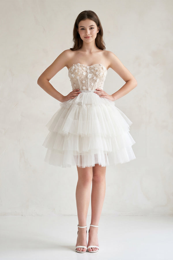 White Tulle 3D Floral Lace A-Line Tiered Homecoming Dress - KissProm