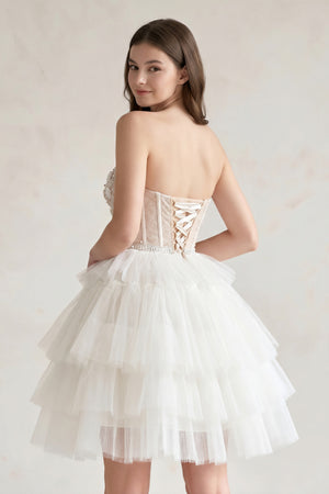 White Tulle 3D Floral Lace A-Line Tiered Homecoming Dress - KissProm