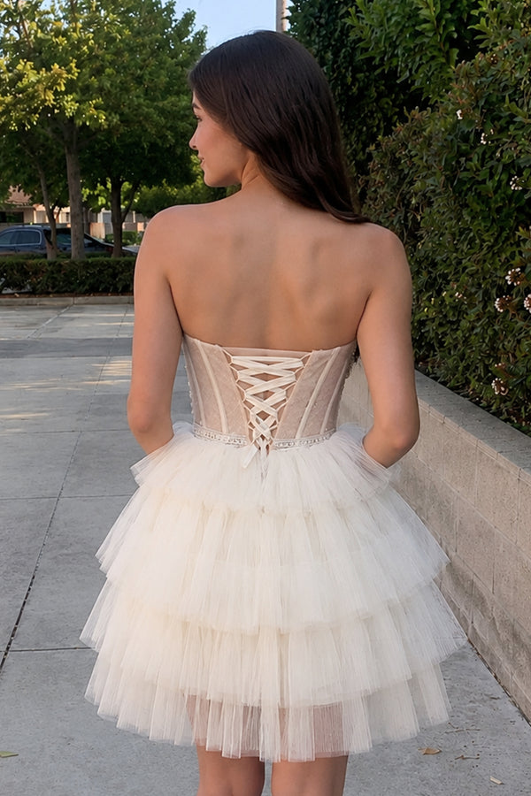 White Tulle 3D Floral Lace A-Line Tiered Homecoming Dress - KissProm