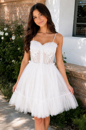 Spaghetti Straps Tulle Lace Appliques Short Prom Dresses With Bow - KissProm