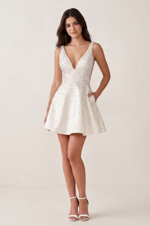White V-Neck A-Line Satin Homecoming Dress With Pearl - KissProm