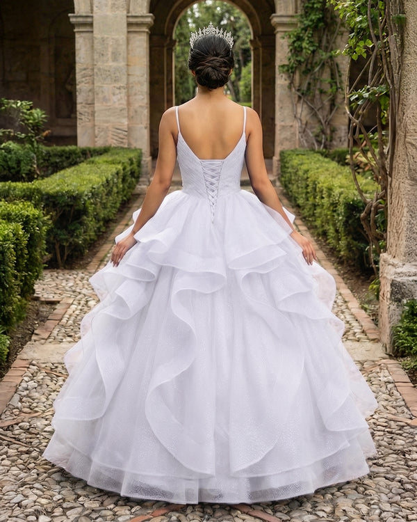 White V Neck Tulle Quinceanera Dresses With Ruffles (2) | KISSPROM