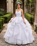 White V Neck Tulle Quinceanera Dresses With Ruffles | KISSPROM