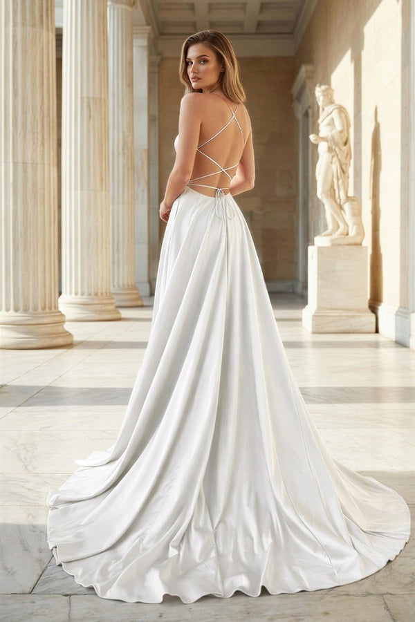 Pink Spaghetti Straps Satin Backless A Line Prom Dress With Pockets