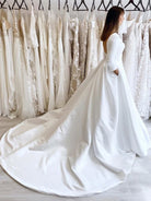 Lea | White Vintage A - Line Long Satin Bateau - Neck Wedding Dress - KissProm