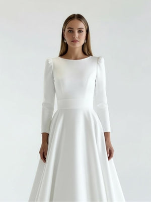 White Vintage A-Line Long Satin Bateau-Neck Wedding Dress White Vintage A-Line Long Satin Bateau-Neck Wedding Dress