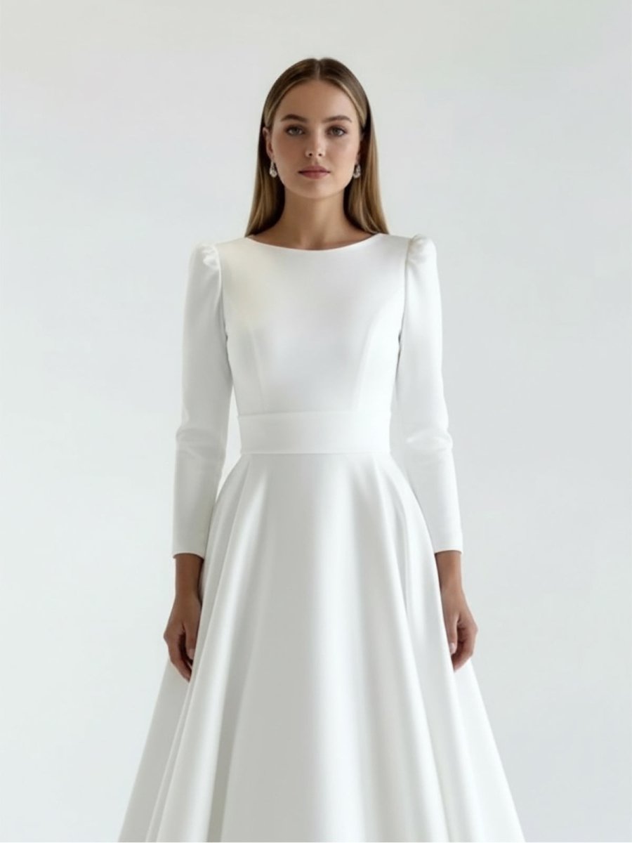 Lea | White Vintage A - Line Long Satin Bateau - Neck Wedding Dress - KissProm