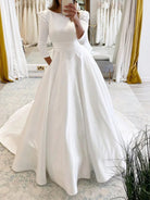 Lea | White Vintage A - Line Long Satin Bateau - Neck Wedding Dress - KissProm