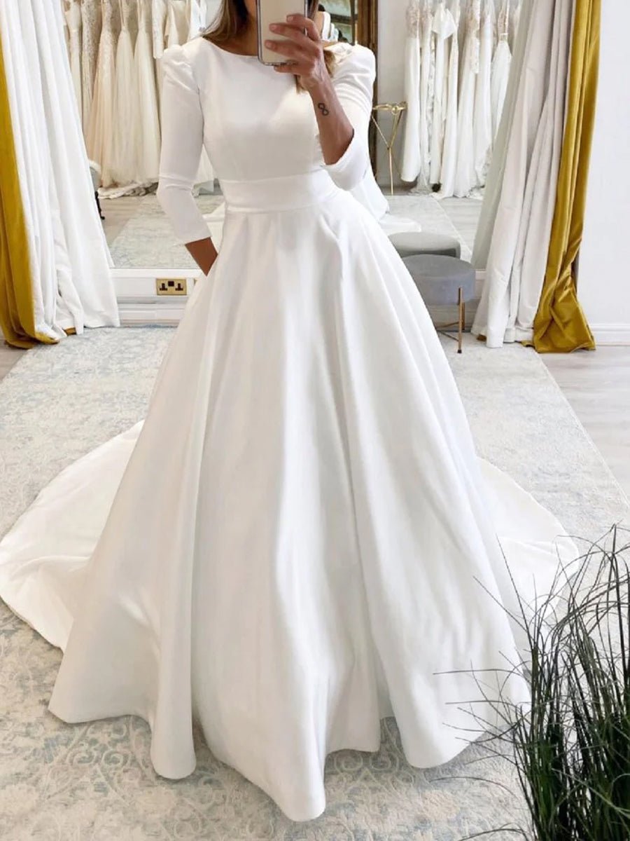 Lea | White Vintage A - Line Long Satin Bateau - Neck Wedding Dress - KissProm