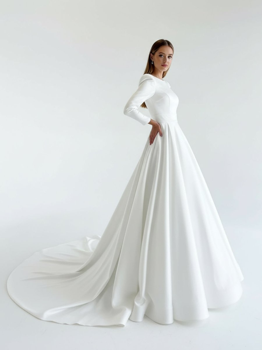 Lea | White Vintage A - Line Long Satin Bateau - Neck Wedding Dress - KissProm