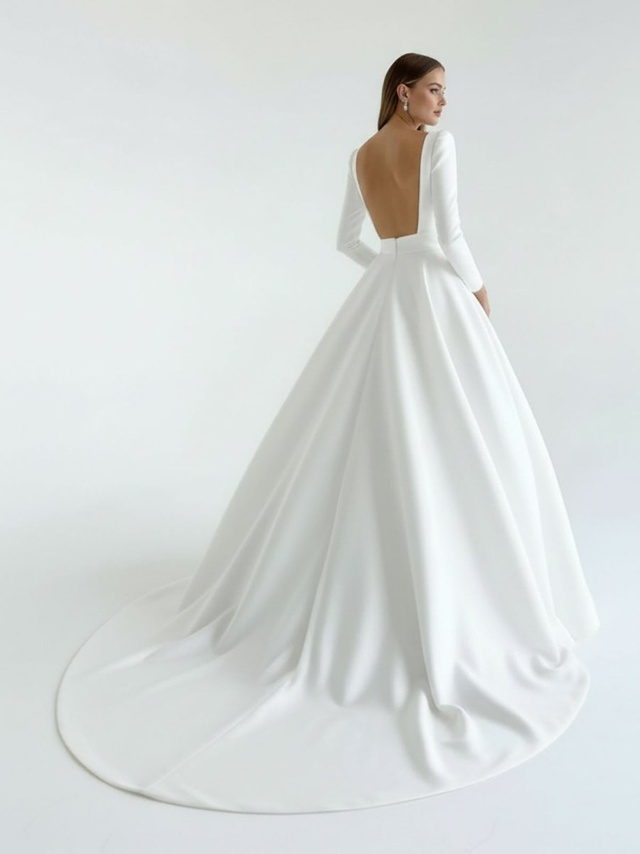 White Vintage A-Line Long Satin Bateau-Neck Wedding Dress, White / 8 White Vintage A-Line Long Satin Bateau-Neck Wedding Dress, White / 8