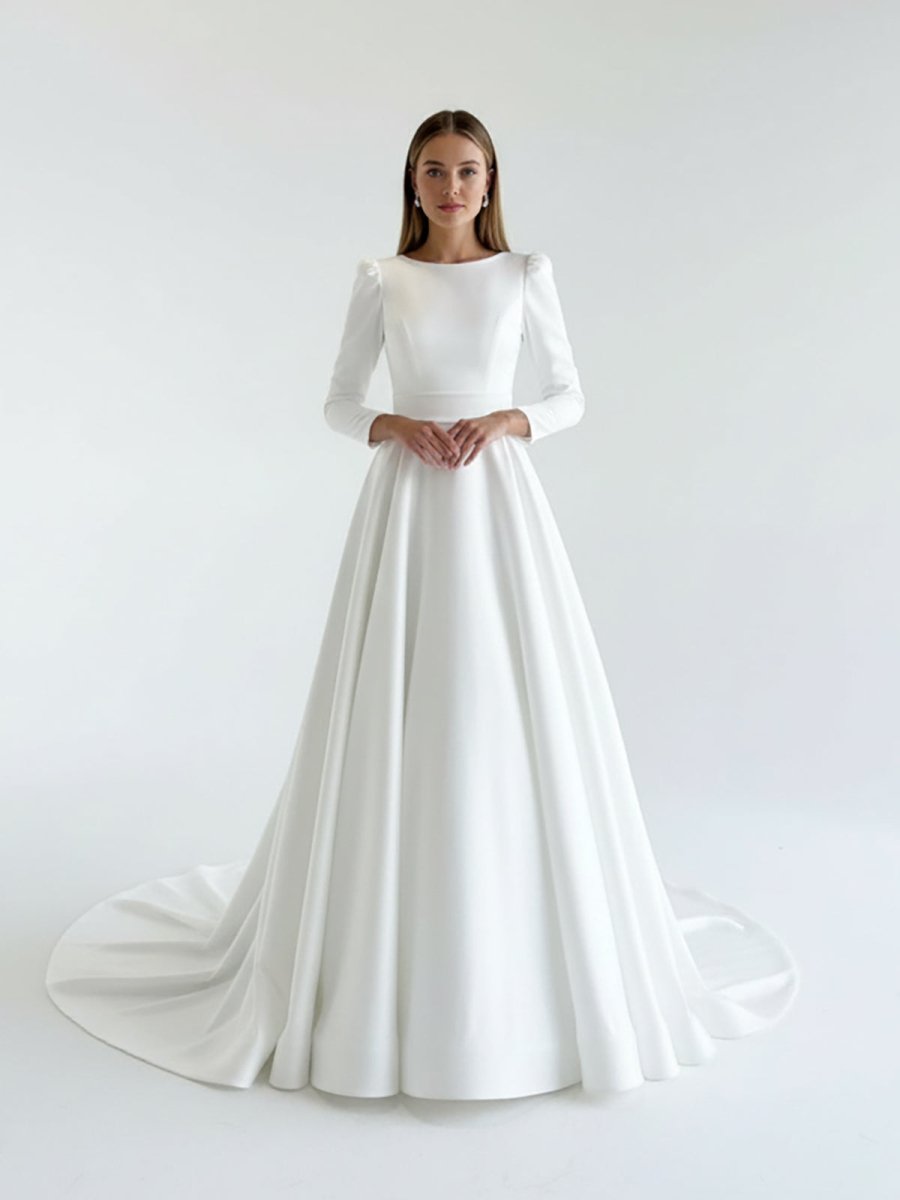 Lea | White Vintage A - Line Long Satin Bateau - Neck Wedding Dress - KissProm