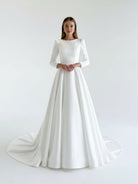 Lea | White Vintage A - Line Long Satin Bateau - Neck Wedding Dress - KissProm