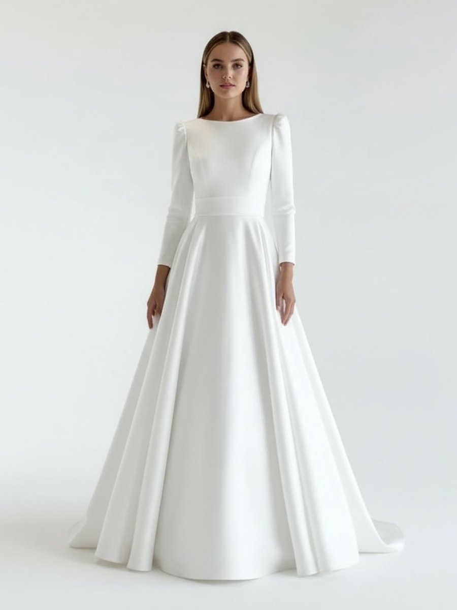 Lea | White Vintage A - Line Long Satin Bateau - Neck Wedding Dress - KissProm
