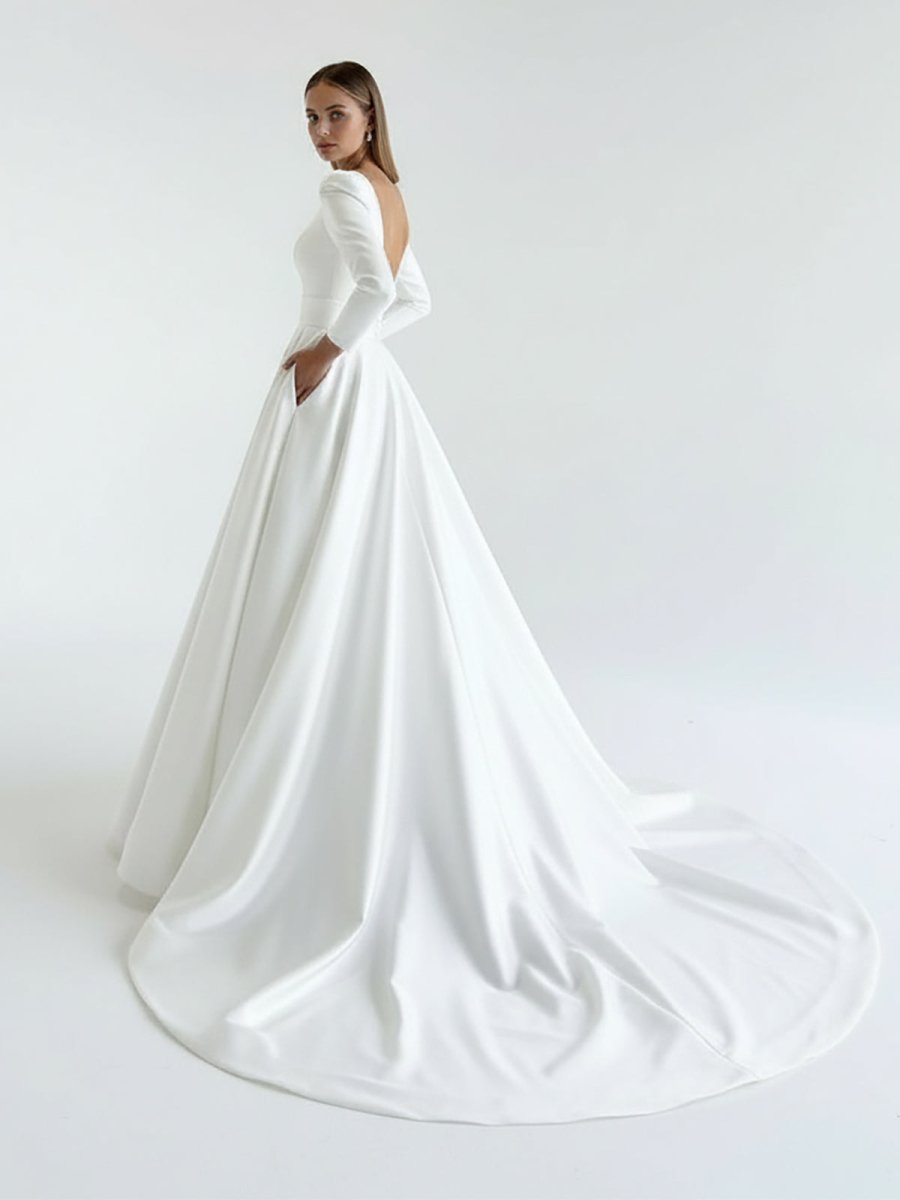 Lea | White Vintage A - Line Long Satin Bateau - Neck Wedding Dress - KissProm