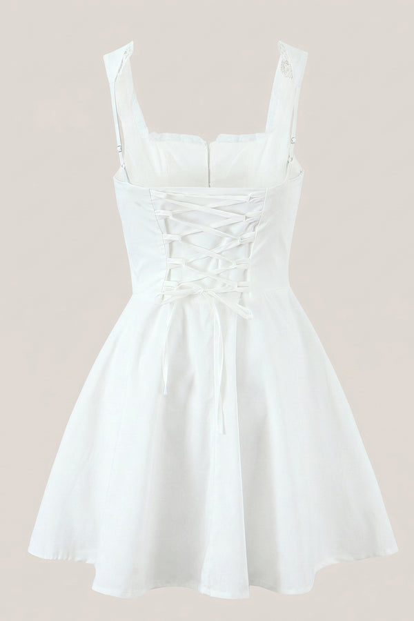 White Warm Rose Print Cotton Ruffled A-Line Mini Dress – Dress by KissProm | Available at KissProm