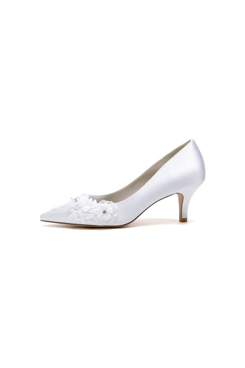 White Wedding Shoes Stiletto Heel Satin With Lace - KissProm