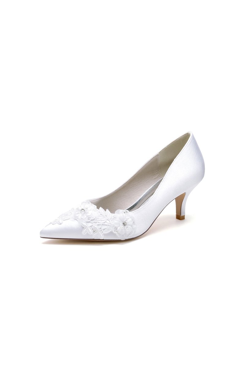White Wedding Shoes Stiletto Heel Satin With Lace - KissProm