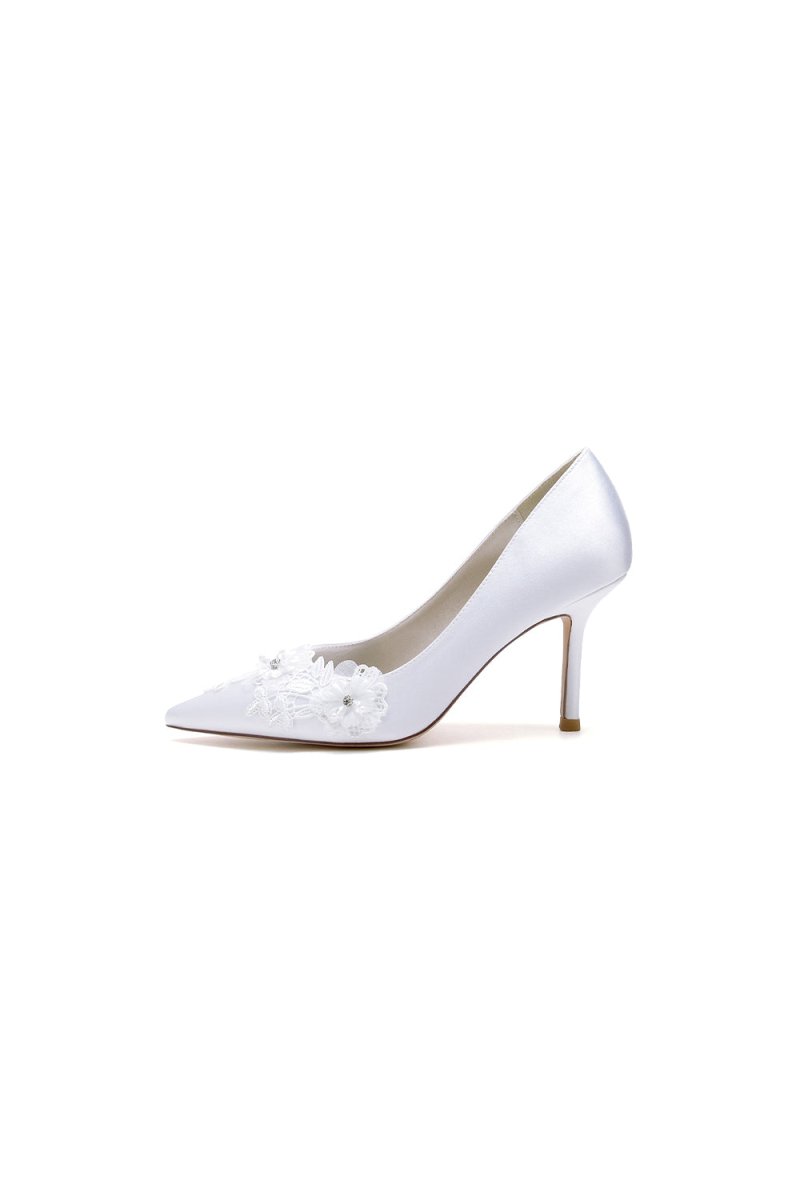 White Wedding Shoes Stiletto Heel Satin With Lace - KissProm