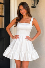 Zinovia Black A Line Satin Square Neck Ruffles Short Homecoming Dresses - KissProm