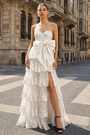 Sweetheart Light Blue Lace Appliques Ruffle Long Formal Gown - KissProm