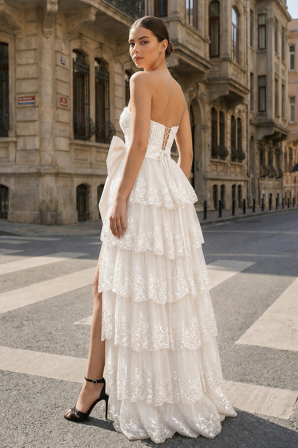 A-Line Sweetheart Sequin Ruffles Long Prom Dresses with Bow - KissProm