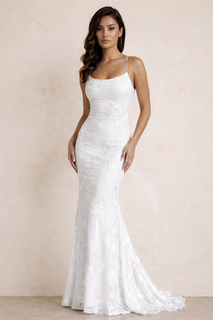 KissProm-White Spaghetti Straps Mermaid Tulle Long Prom Dresses With Appliques