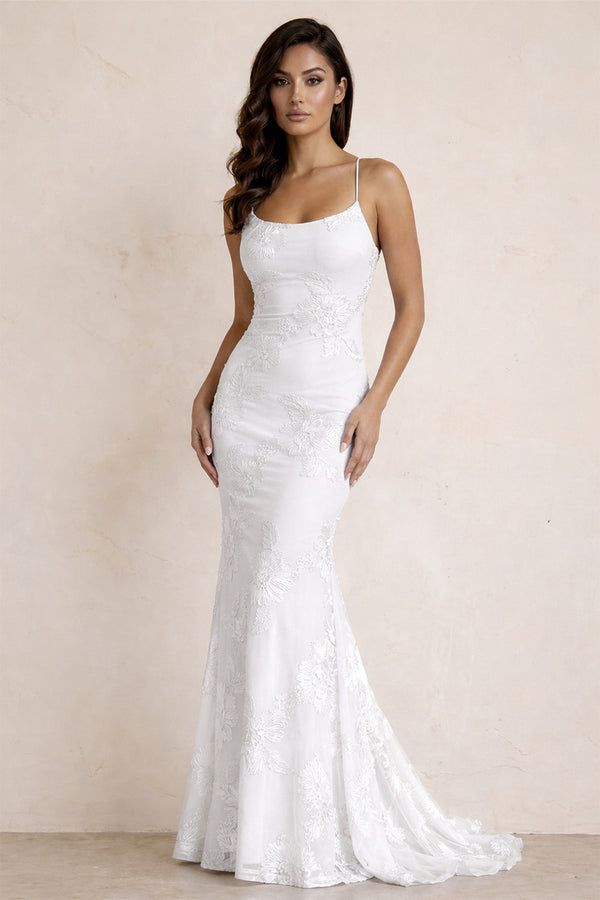 KissProm-White Spaghetti Straps Mermaid Tulle Long Prom Dresses With Appliques