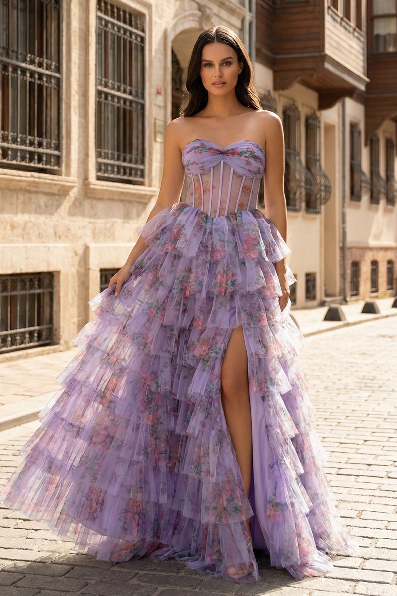 Wilda | Purple Strapless A Line Tulle Printed Ruffle Tiered Prom Dresses With Slit - KissProm