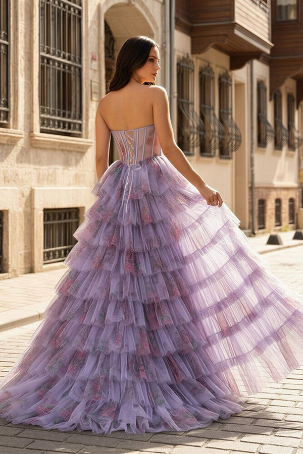 Purple Strapless A Line Tulle Printed Ruffle Tiered Prom Dresses With Slit - KissProm