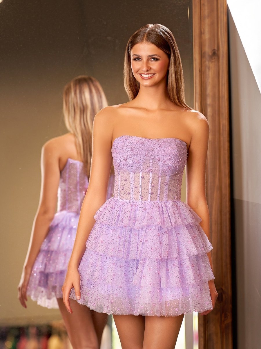 KissProm A-Line Strapless Scoop Tiered Sleeveless Short Homecoming Dress, Lilac / 6