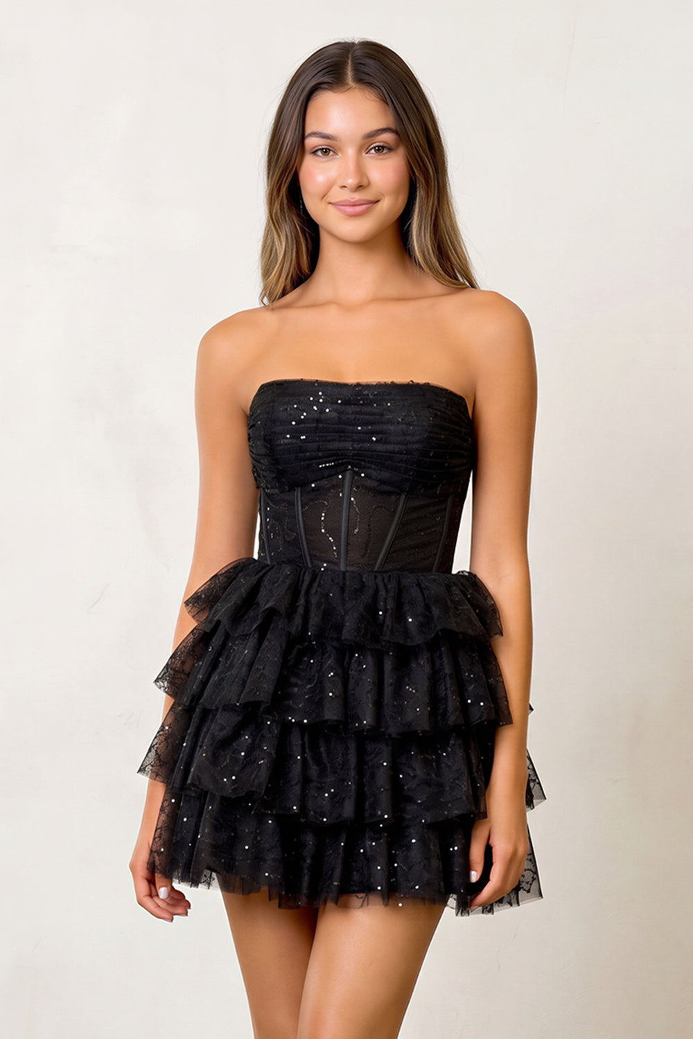 Black A Line Strapless Tiered Homecoming Dress - KISSPROM