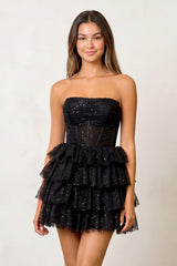 Black A Line Strapless Tiered Homecoming Dress - KISSPROM