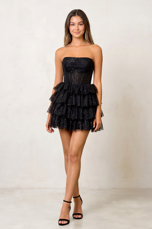 Evita | A Line Black Strapless Tiered Homecoming Dress