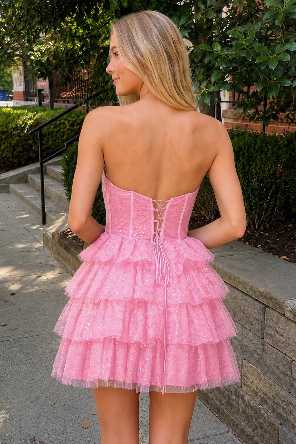 KissProm A Line Black Strapless Tiered Homecoming Dress, Pink / 14