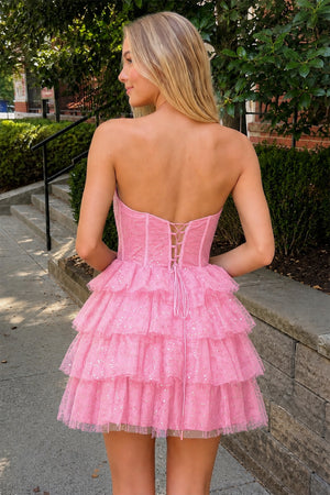 Pink A Line Strapless Tiered Homecoming Dress - KISSPROM