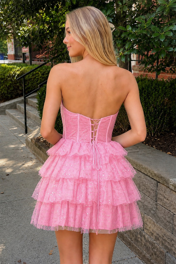 Pink A Line Strapless Tiered Homecoming Dress - KISSPROM
