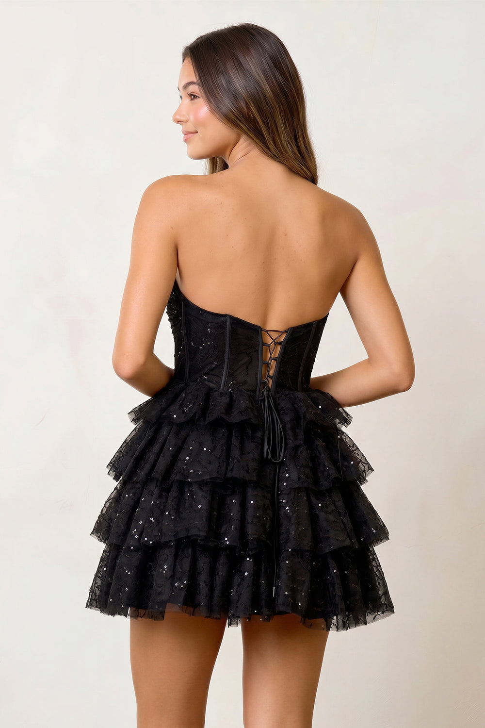 Black A Line Strapless Tiered Homecoming Dress - KISSPROM