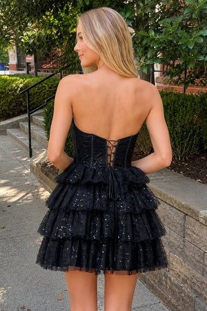 Evita | A Line Black Strapless Tiered Homecoming Dress