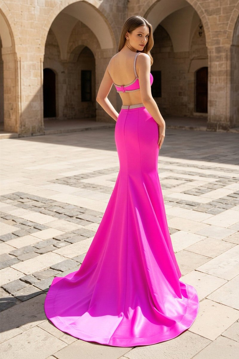 KissProm Scoop Neck Mermaid Beaded Long Prom Dress With Bow, Hot Pink / 2