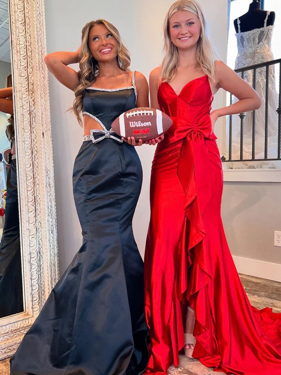 Scoop Neck Mermaid Beaded Long Prom Dress With Bow