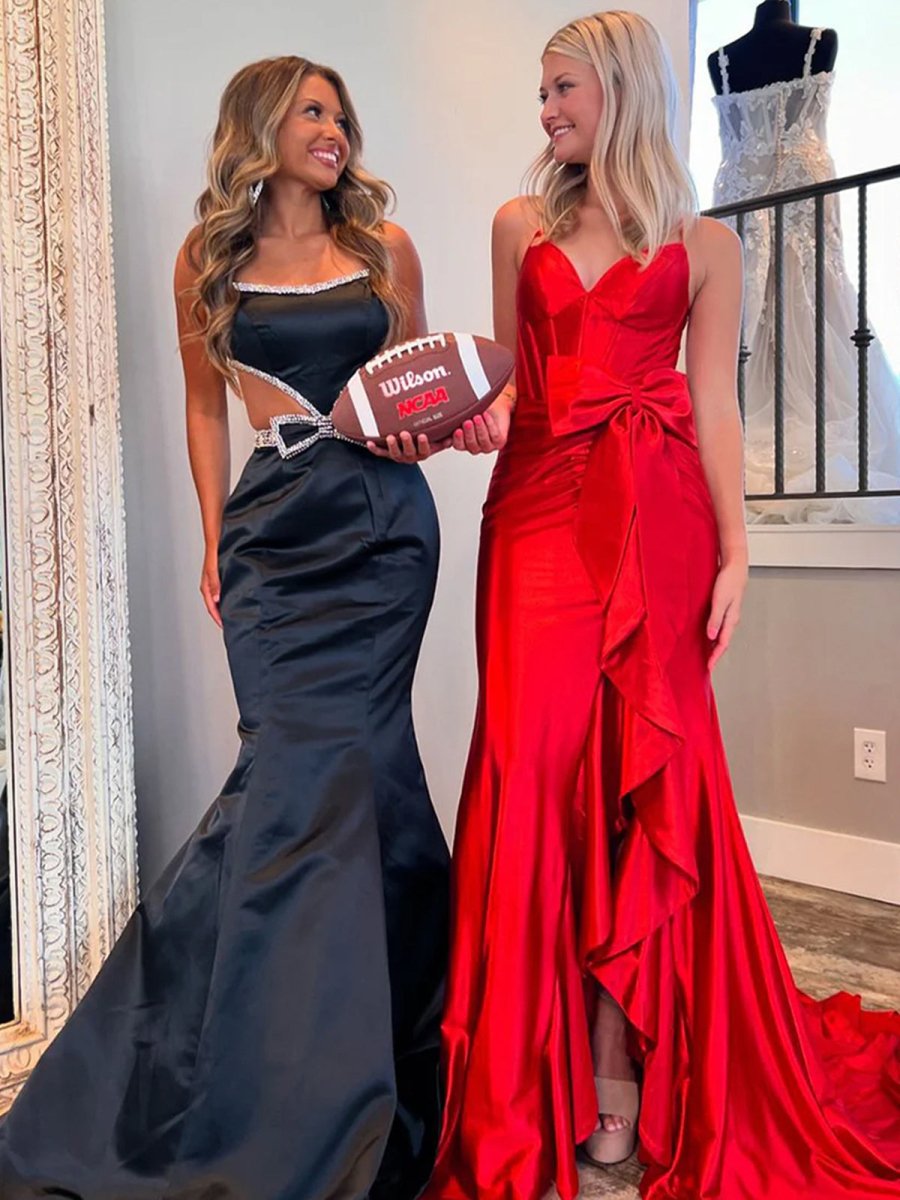 open lace back dress Scoop Neck Mermaid Beaded Long Prom Dress With Bow