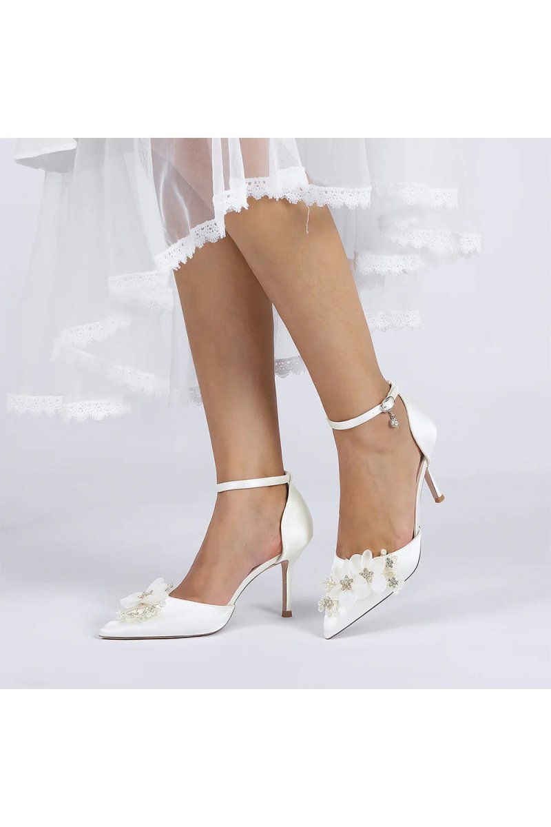 Women's Wedding Shoes Pointed Toe Ankle Strap Stiletto Heels with Rhinestone Flower - KissProm