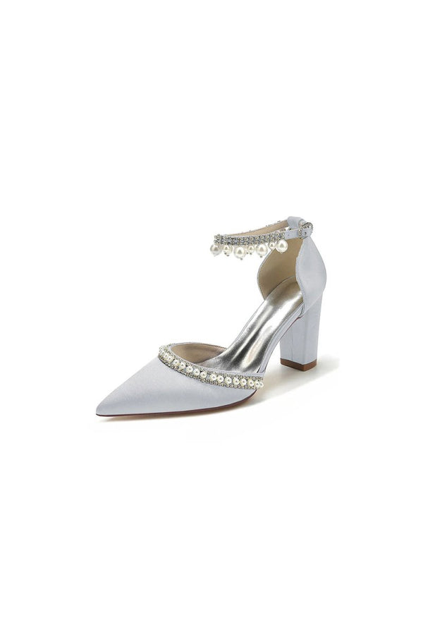 Women's Wedding Shoes Satin Block Heel Pearl Rhinestone Tassel Wedding Shoes - KissProm