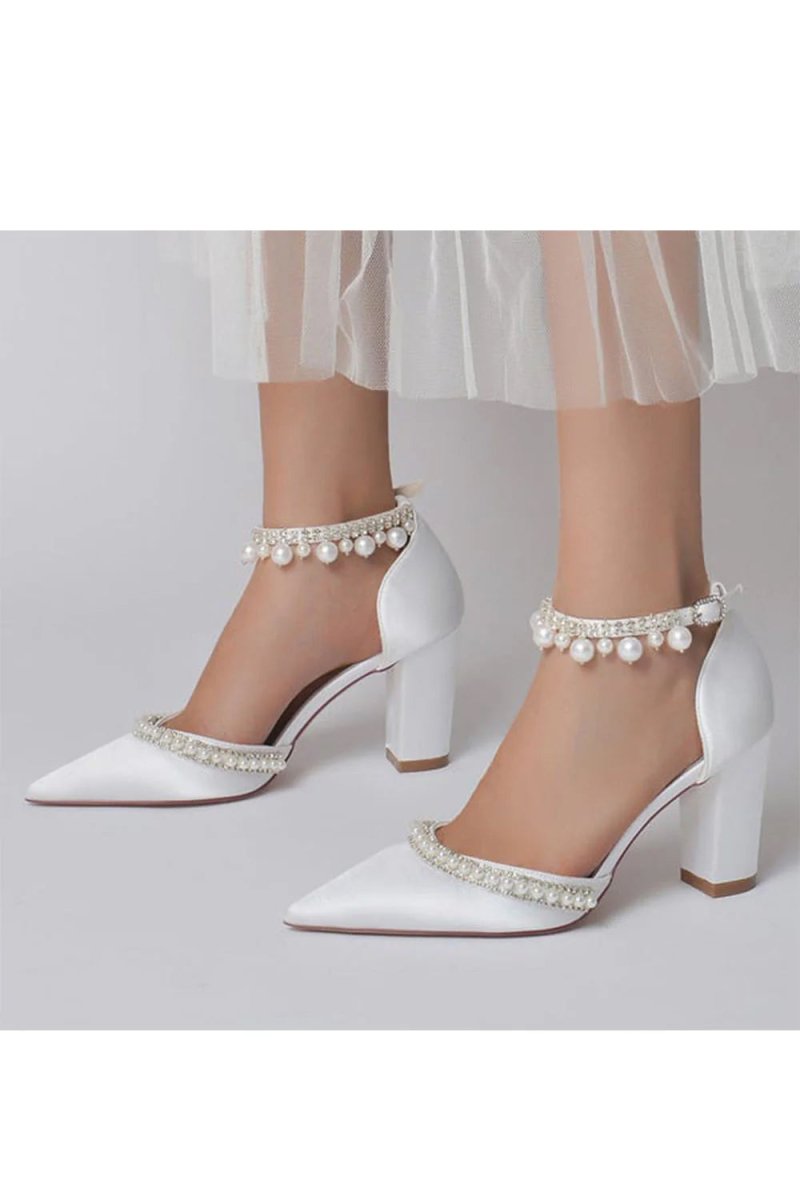 Women's Wedding Shoes Satin Block Heel Pearl Rhinestone Tassel Wedding Shoes - KissProm