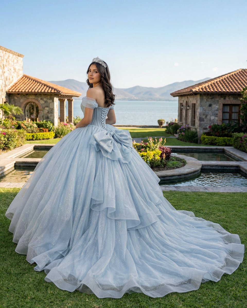 princess polly baby blue dress Luuvis Women Grey Blue Ball Gown Quinceanera Dress Beautiful A Line Off the  Shoulder Formal Dress with Beading Bowknot main image 0