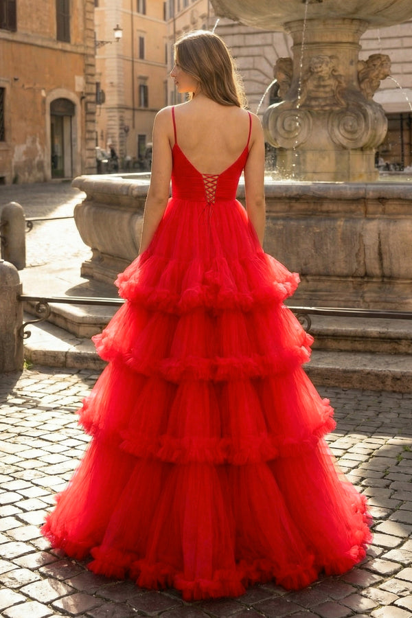 KissProm-Red A-line V-Neck Tulle Prom Dress with Tiered Ruffles